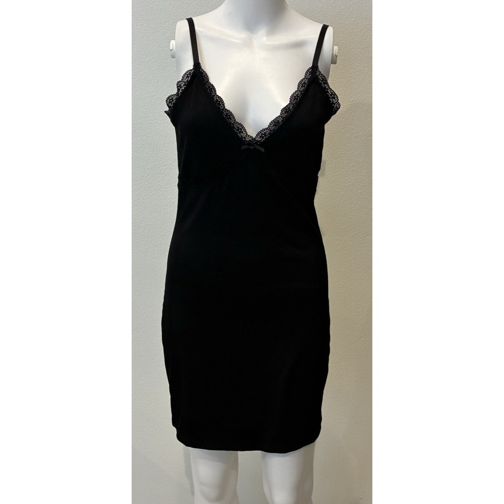 Y2K‎ Babydoll Ribbed Tank Mini Dress Size M Black Lace Sexy Vampy Goth Witchy - Picture 2 of 9